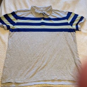 Men’s polo-style shirt, navy blue/lime stripes. New condition